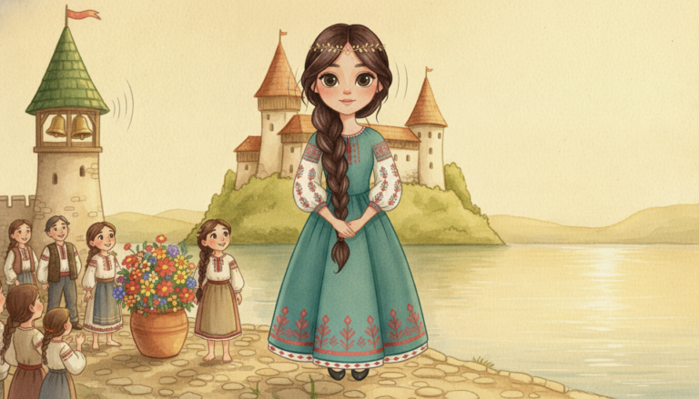 Ilustrație în acuarelă: prințesa Ilinca zâmbind în curtea castelului, lângă un ghiveci cu flori colorate și copii din sat