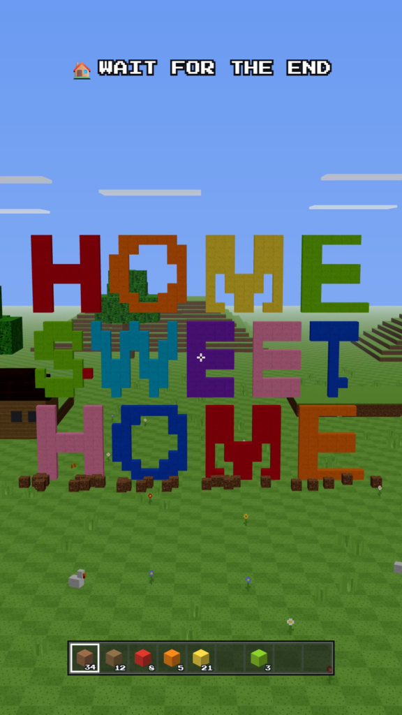 Runda 13: cuvintele HOME SWEET HOME construite din cuburi colorate, pe fundal de apus