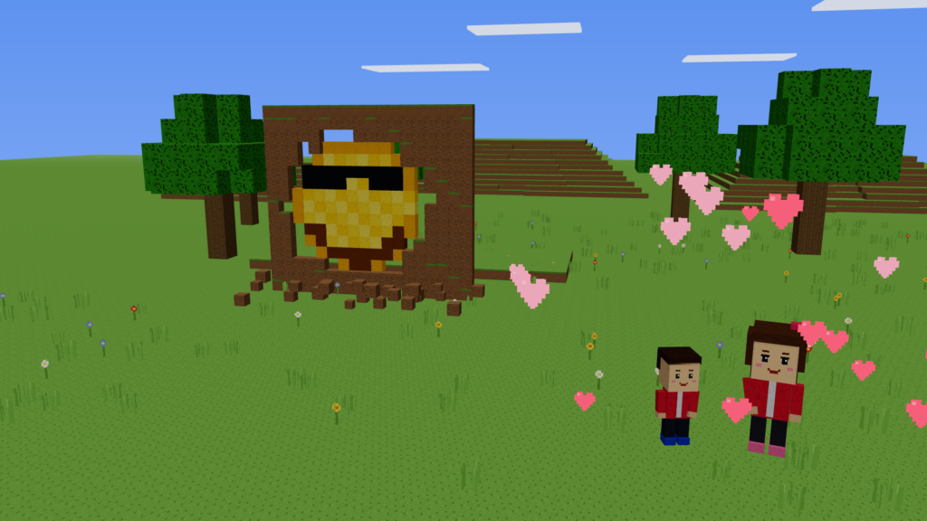 Peisaj voxel: un perete de pamant pe jumatate sapat din care apare un emoji cu ochelari, iar in dreapta doi voxeli sub o ploaie de inimi