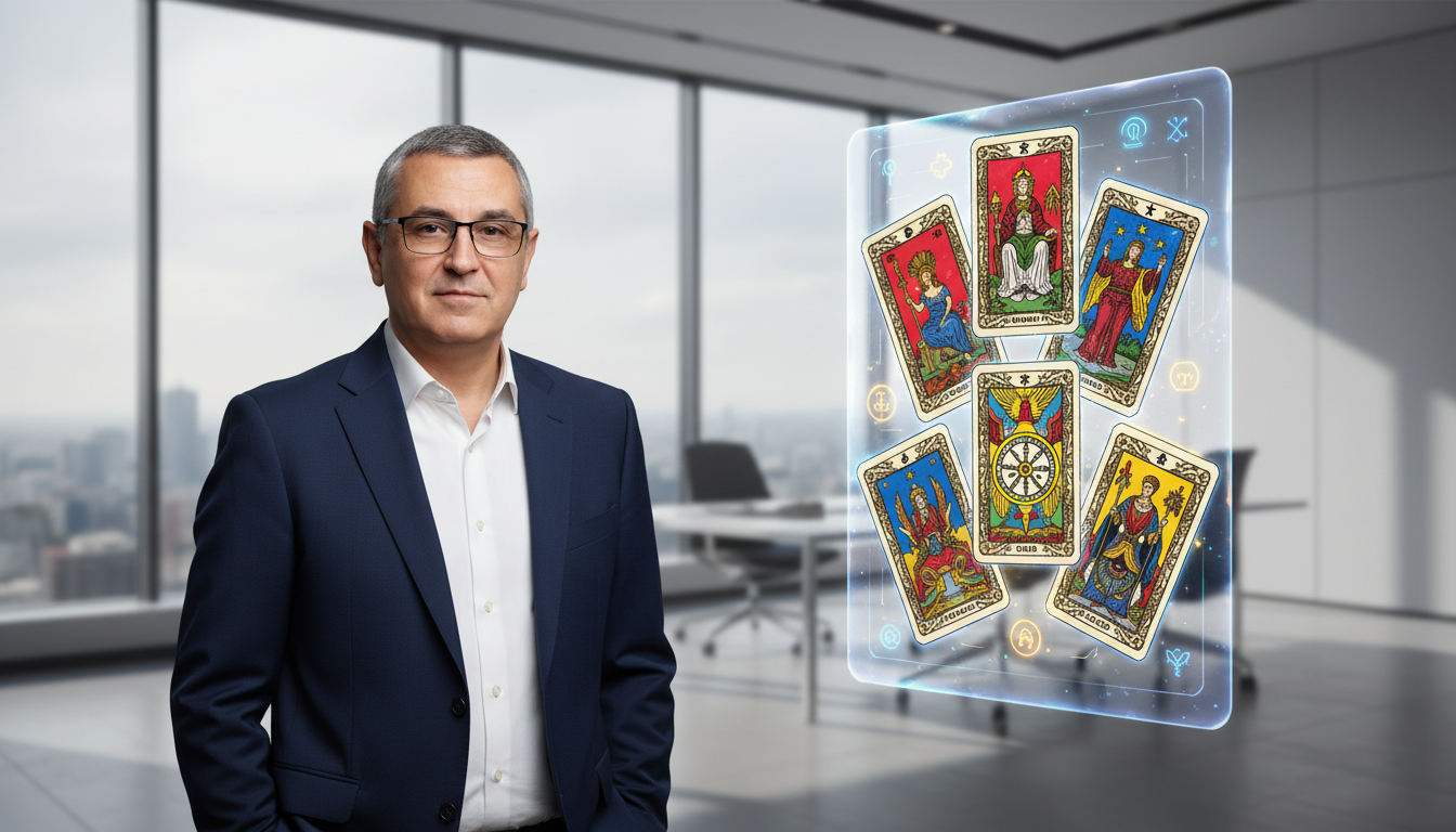 Costin Pietraru langa un panou holografic cu carti de tarot, ca simbol al reconstruirii unui skill AI de citire tarot cu carti reale, nu generate