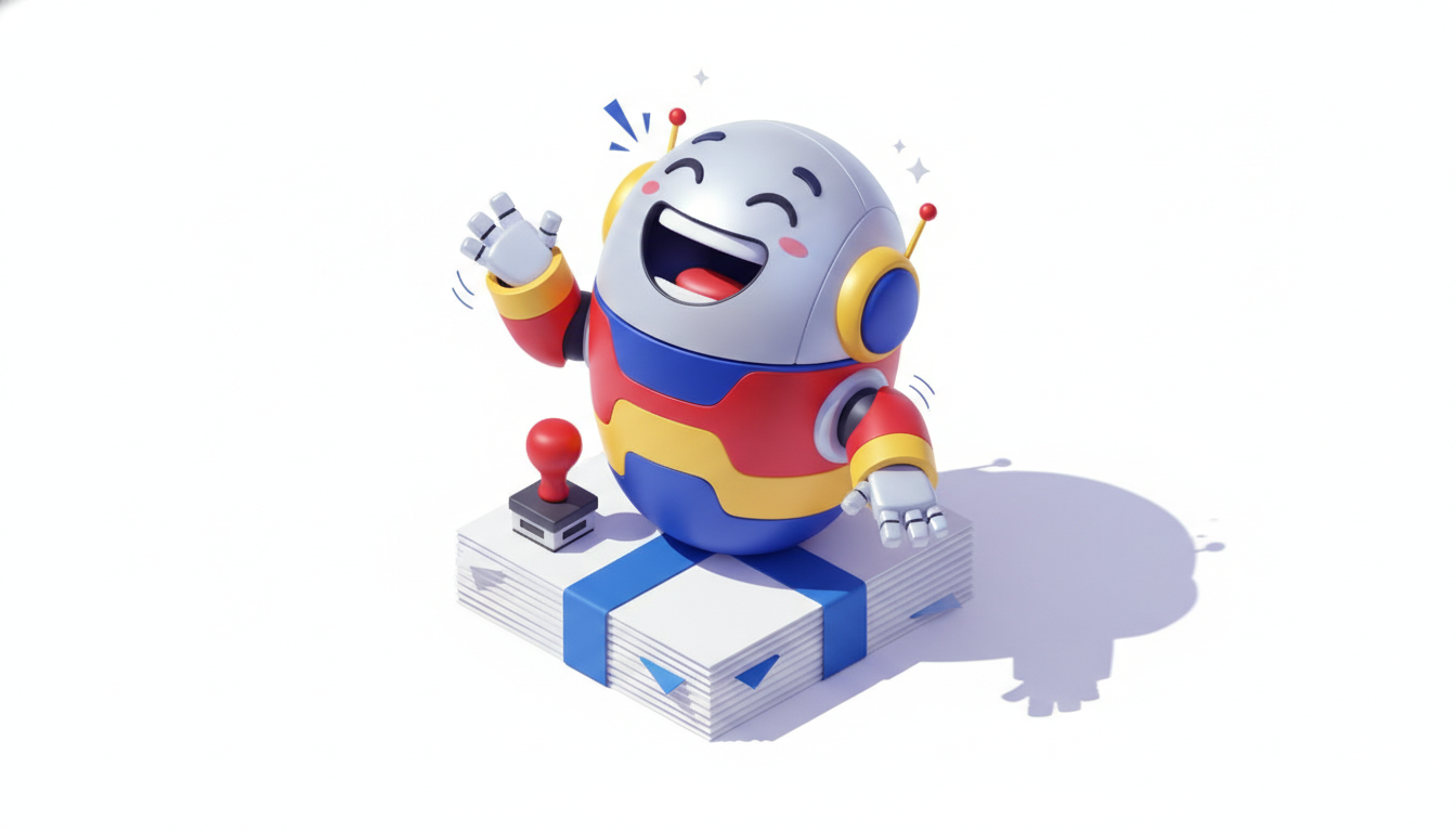Robot 3D izometric, alb cu panouri roșu, albastru și galben, râzând așezat pe un teanc de hârtii cu o ștampilă roșie alături, pe fundal alb
