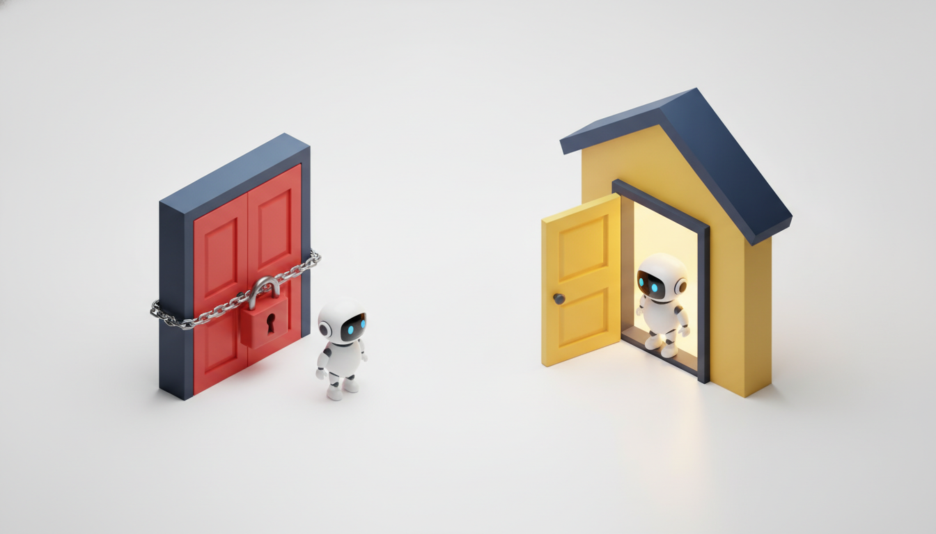 Doi roboți identici 3D izometrici, unul blocat la o ușă roșie încuiată cu lacăt, celălalt trecând liber printr-o ușă galbenă deschisă, pe fundal alb